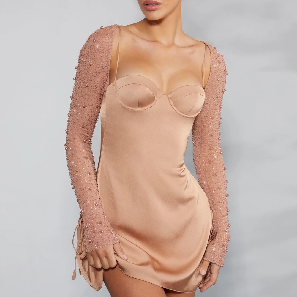 Oh Polly Beige Dress with Beaded Detail